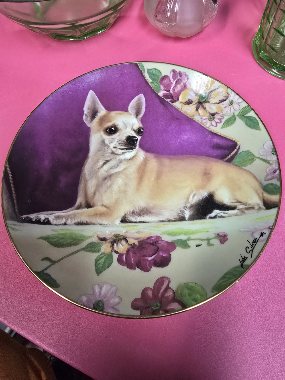 Danbury Mint Signed Ceramic Plate with Chihuahua Portrait and Purple Accents